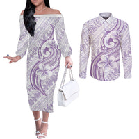 Hawaii Plumeria Lokelani Pikake Lei Couples Matching Off The Shoulder Long Sleeve Dress and Long Sleeve Button Shirt Poni Polynesian Tattoo