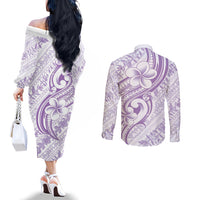 Hawaii Plumeria Lokelani Pikake Lei Couples Matching Off The Shoulder Long Sleeve Dress and Long Sleeve Button Shirt Poni Polynesian Tattoo LT9 - Polynesian Pride