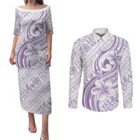 Hawaii Plumeria Lokelani Pikake Lei Couples Matching Puletasi and Long Sleeve Button Shirt Poni Polynesian Tattoo LT9 Purple - Polynesian Pride