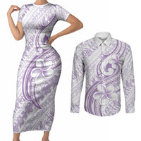 Hawaii Plumeria Lokelani Pikake Lei Couples Matching Short Sleeve Bodycon Dress and Long Sleeve Button Shirt Poni Polynesian Tattoo LT9 Purple - Polynesian Pride