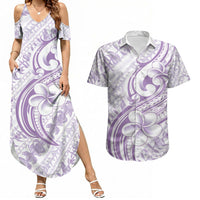 Hawaii Plumeria Lokelani Pikake Lei Couples Matching Summer Maxi Dress and Hawaiian Shirt Poni Polynesian Tattoo LT9 Purple - Polynesian Pride