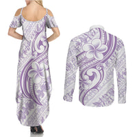 Hawaii Plumeria Lokelani Pikake Lei Couples Matching Summer Maxi Dress and Long Sleeve Button Shirt Poni Polynesian Tattoo
