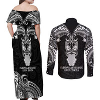 New Zealand Te Reo Maori Couples Matching Off Shoulder Maxi Dress and Long Sleeve Button Shirts Kia Kaha Maori Language Week Black Style LT9 - Polynesian Pride