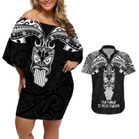 Personalised New Zealand Te Reo Maori Couples Matching Off Shoulder Short Dress and Hawaiian Shirt Kia Kaha Maori Language Week Black Style LT9 Black - Polynesian Pride