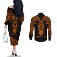 Personalised New Zealand Te Reo Maori Couples Matching Off The Shoulder Long Sleeve Dress and Long Sleeve Button Shirts Kia Kaha Maori Language Week Gold Style LT9 - Polynesian Pride
