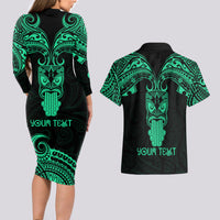 Personalised New Zealand Te Reo Maori Couples Matching Long Sleeve Bodycon Dress and Hawaiian Shirt Kia Kaha Maori Language Week Green Style LT9 - Polynesian Pride