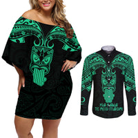 Personalised New Zealand Te Reo Maori Couples Matching Off Shoulder Short Dress and Long Sleeve Button Shirts Kia Kaha Maori Language Week Green Style LT9 Green - Polynesian Pride