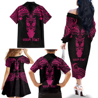 Personalised New Zealand Te Reo Maori Family Matching Off Shoulder Long Sleeve Dress and Hawaiian Shirt Kia Kaha Maori Language Week Pink Style LT9 - Polynesian Pride