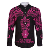 Personalised New Zealand Te Reo Maori Family Matching Off Shoulder Short Dress and Hawaiian Shirt Kia Kaha Maori Language Week Pink Style LT9 Dad's Shirt - Long Sleeve Pink - Polynesian Pride