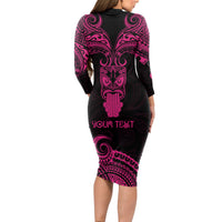 Personalised New Zealand Te Reo Maori Long Sleeve Bodycon Dress Kia Kaha Maori Language Week Pink Style LT9 - Polynesian Pride