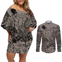 Beauty and The Warrior Polynesian Valentine Couples Matching Off Shoulder Short Dress and Long Sleeve Button Shirt Hibiscus FLowers Brown Style LT9 Brown - Polynesian Pride