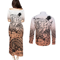 Beauty and The Warrior Polynesian Valentine Couples Matching Puletasi Dress and Long Sleeve Button Shirt Hibiscus FLowers Orange Style LT9 - Polynesian Pride