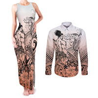 Beauty and The Warrior Polynesian Valentine Couples Matching Tank Maxi Dress and Long Sleeve Button Shirt Hibiscus FLowers Orange Style LT9 Orange - Polynesian Pride