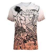 Beauty and The Warrior Polynesian Valentine Women V Neck T Shirt Hibiscus FLowers Orange Style LT9 Female Orange - Polynesian Pride