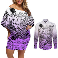 Beauty and The Warrior Polynesian Valentine Couples Matching Off Shoulder Short Dress and Long Sleeve Button Shirt Hibiscus FLowers Purple Style LT9 Purple - Polynesian Pride