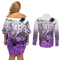 Beauty and The Warrior Polynesian Valentine Couples Matching Off Shoulder Short Dress and Long Sleeve Button Shirt Hibiscus FLowers Purple Style LT9 - Polynesian Pride