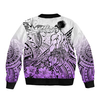 Beauty and The Warrior Polynesian Valentine Sleeve Zip Bomber Jacket Hibiscus FLowers Purple Style LT9 - Polynesian Pride