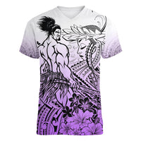Beauty and The Warrior Polynesian Valentine Women V Neck T Shirt Hibiscus FLowers Purple Style LT9 Female Purple - Polynesian Pride