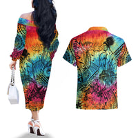 Beauty and The Warrior Polynesian Valentine Couples Matching Off The Shoulder Long Sleeve Dress and Hawaiian Shirt Hibiscus FLowers Rainbow Style LT9 - Polynesian Pride