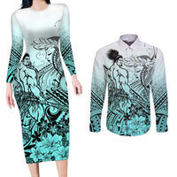 Beauty and The Warrior Polynesian Valentine Couples Matching Long Sleeve Bodycon Dress and Long Sleeve Button Shirt Hibiscus FLowers Turquoise Style LT9 Turquoise - Polynesian Pride