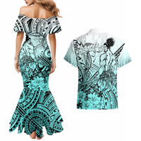 Beauty and The Warrior Polynesian Valentine Couples Matching Mermaid Dress and Hawaiian Shirt Hibiscus FLowers Turquoise Style LT9 - Polynesian Pride
