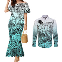 Beauty and The Warrior Polynesian Valentine Couples Matching Mermaid Dress and Long Sleeve Button Shirt Hibiscus FLowers Turquoise Style LT9 Turquoise - Polynesian Pride