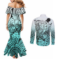 Beauty and The Warrior Polynesian Valentine Couples Matching Mermaid Dress and Long Sleeve Button Shirt Hibiscus FLowers Turquoise Style LT9 - Polynesian Pride