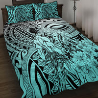 Beauty and The Warrior Polynesian Valentine Quilt Bed Set Hibiscus FLowers Turquoise Style LT9 - Polynesian Pride