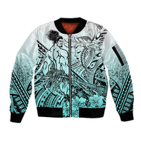Beauty and The Warrior Polynesian Valentine Sleeve Zip Bomber Jacket Hibiscus FLowers Turquoise Style LT9 Unisex Turquoise - Polynesian Pride