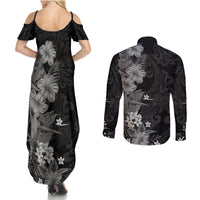 Hawaii Tropical Flowers Tribal Pattern Couples Matching Summer Maxi Dress and Long Sleeve Button Shirt Black Style LT9 - Polynesian Pride