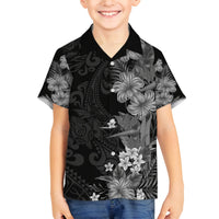 Hawaii Tropical Flowers Tribal Pattern Family Matching Off Shoulder Short Dress and Hawaiian Shirt Black Style LT9 Son's Shirt Black - Polynesian Pride