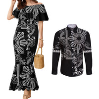 Filipino Sun Tribal Tattoo Couples Matching Mermaid Dress and Long Sleeve Button Shirt Philippines Inspired Barong Simple Black LT9 Black - Polynesian Pride