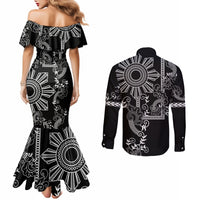 Filipino Sun Tribal Tattoo Couples Matching Mermaid Dress and Long Sleeve Button Shirt Philippines Inspired Barong Simple Black LT9 - Polynesian Pride
