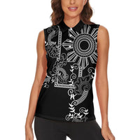 Filipino Sun Tribal Tattoo Women Sleeveless Polo Shirt Philippines Inspired Barong Simple Black