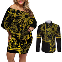 Filipino Sun Tribal Tattoo Couples Matching Off Shoulder Short Dress and Long Sleeve Button Shirt Philippines Inspired Barong Simple Gold LT9 Gold - Polynesian Pride