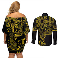 Filipino Sun Tribal Tattoo Couples Matching Off Shoulder Short Dress and Long Sleeve Button Shirt Philippines Inspired Barong Simple Gold LT9 - Polynesian Pride