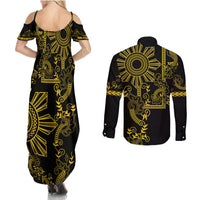 Filipino Sun Tribal Tattoo Couples Matching Summer Maxi Dress and Long Sleeve Button Shirt Philippines Inspired Barong Simple Gold LT9 - Polynesian Pride
