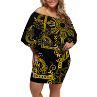 Filipino Sun Tribal Tattoo Off Shoulder Short Dress Philippines Inspired Barong Simple Gold LT9 Women Gold - Polynesian Pride