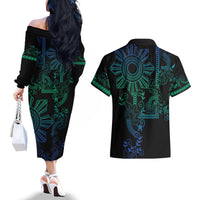Filipino Sun Tribal Tattoo Couples Matching Off The Shoulder Long Sleeve Dress and Hawaiian Shirt Philippines Inspired Barong Blue Art
