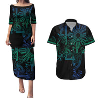 Filipino Sun Tribal Tattoo Couples Matching Puletasi and Hawaiian Shirt Philippines Inspired Barong Blue Art LT9 Blue - Polynesian Pride