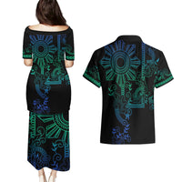 Filipino Sun Tribal Tattoo Couples Matching Puletasi and Hawaiian Shirt Philippines Inspired Barong Blue Art LT9 - Polynesian Pride