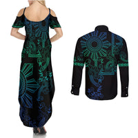 Filipino Sun Tribal Tattoo Couples Matching Summer Maxi Dress and Long Sleeve Button Shirt Philippines Inspired Barong Blue Art