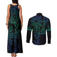 Filipino Sun Tribal Tattoo Couples Matching Tank Maxi Dress and Long Sleeve Button Shirt Philippines Inspired Barong Blue Art