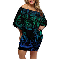 Filipino Sun Tribal Tattoo Off Shoulder Short Dress Philippines Inspired Barong Blue Art LT9 Women Blue - Polynesian Pride