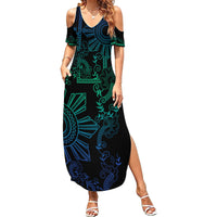 Filipino Sun Tribal Tattoo Summer Maxi Dress Philippines Inspired Barong Blue Art LT9 Women Blue - Polynesian Pride