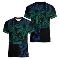 Filipino Sun Tribal Tattoo Women V-Neck T-Shirt Philippines Inspired Barong Blue Art