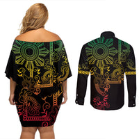 Filipino Sun Tribal Tattoo Couples Matching Off Shoulder Short Dress and Long Sleeve Button Shirt Philippines Inspired Barong Reggae Art LT9 - Polynesian Pride