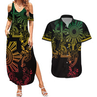 Filipino Sun Tribal Tattoo Couples Matching Summer Maxi Dress and Hawaiian Shirt Philippines Inspired Barong Reggae Art