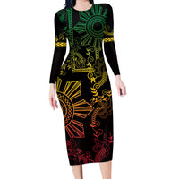 Filipino Sun Tribal Tattoo Family Matching Long Sleeve Bodycon Dress and Hawaiian Shirt Philippines Inspired Barong Reggae Art