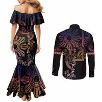 Filipino Sun Tribal Tattoo Couples Matching Mermaid Dress and Long Sleeve Button Shirt Philippines Inspired Barong Pink Art